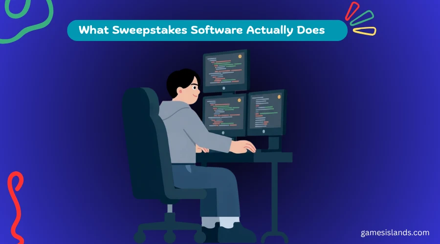 guy sitting on desktop looking at seoarate screens illustration