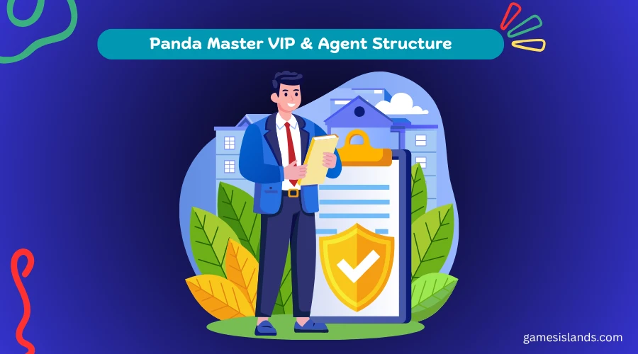 Illustration of a businessman holding a shield and document beside green foliage, representing Panda Master's VIP and agent structure.