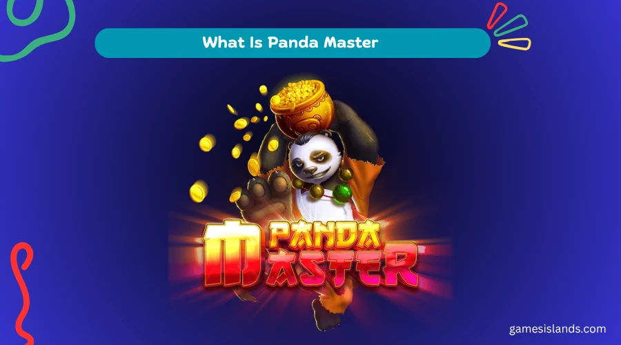 Panda Master game logo featuring a panda mascot character surrounded by gold coins on a red background.