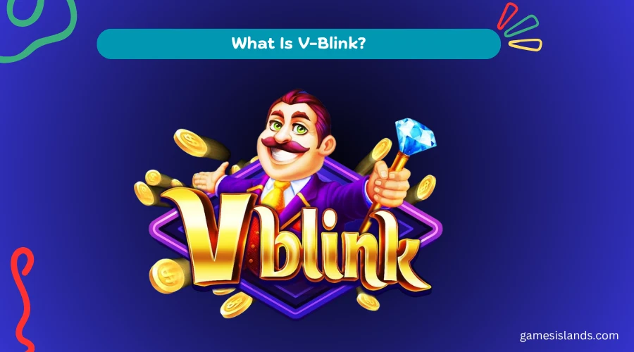 Golden V-Blink mascot character holding a coin beside the V-Blink logo on a purple background.