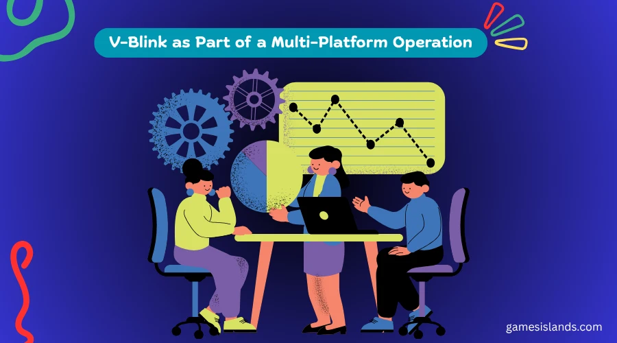 Illustration of people working at a table with monitors and charts, representing V-Blink as part of a multi-platform operation.