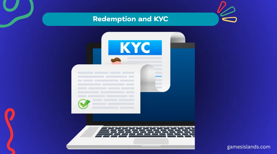 Illustration of a laptop displaying a KYC verification document, representing the redemption and identity verification process.