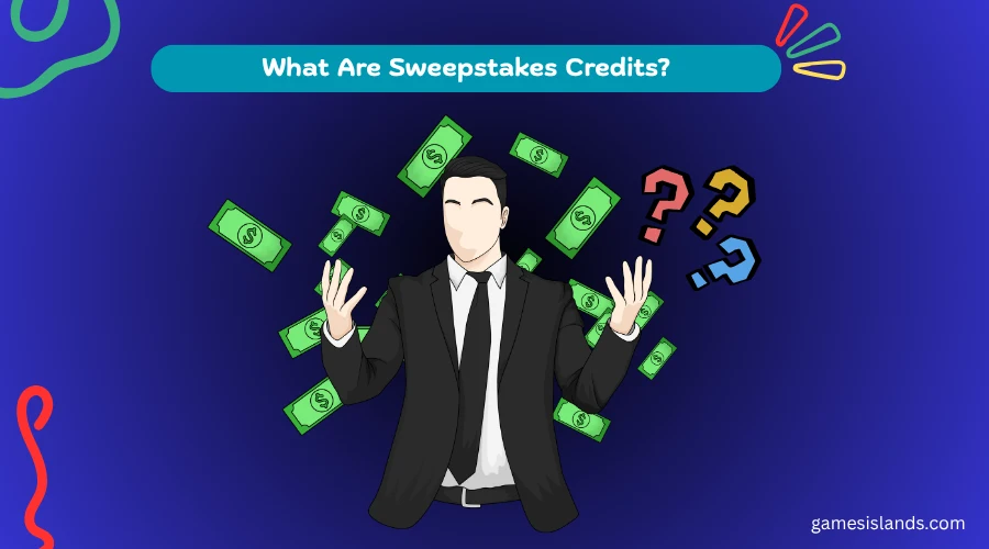 Illustration of a man in a suit surrounded by flying cash and question marks, representing common questions about virtual currency gaming credits.