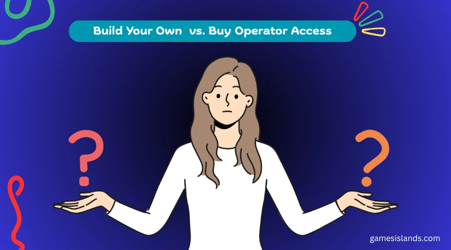 Illustration of a person shrugging with question marks overhead, representing the choice between building or buying access to an online sweepstakes platform.