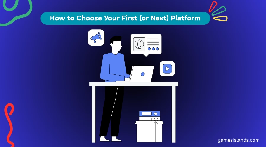 Illustration of two people reviewing a monitor at a desk, representing how to choose your first or next online sweepstakes platform.