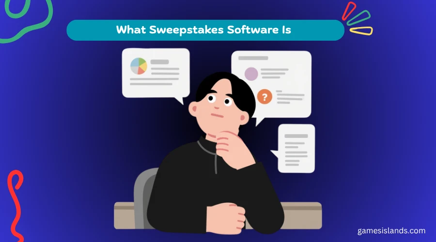 Illustration of a person reviewing documents while thinking, representing an explanation of what sweepstakes software is.
