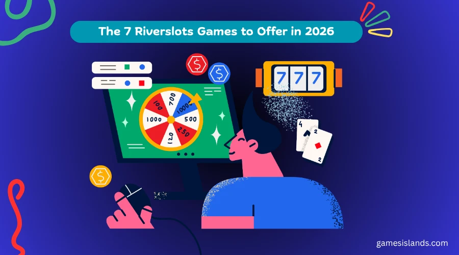 Illustration of a roulette wheel surrounded by coins and playing cards, representing the top Riverslots games to offer in 2026.