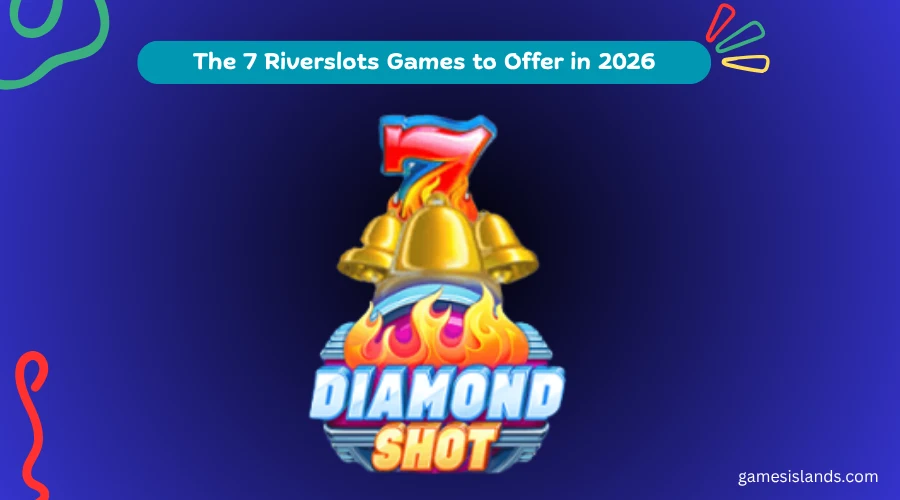 Illustration of a diamond-themed slot machine with gold coins, representing the top Riverslots games to offer in 2026.